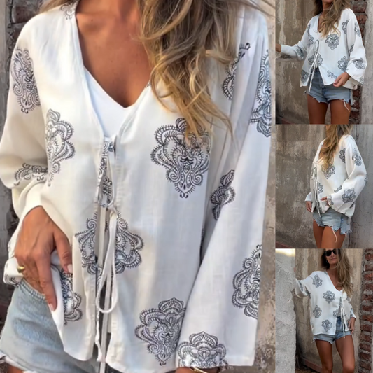 Women's Printed V-Neck Bow Tie Front Top