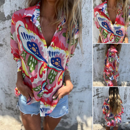 Stylish Colorful Printed Lapel Long Sleeve Shirt