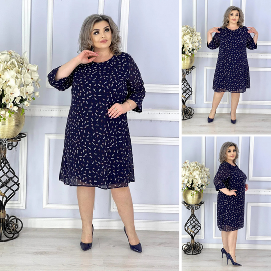 Blue Round Neck Printed Loose Dress