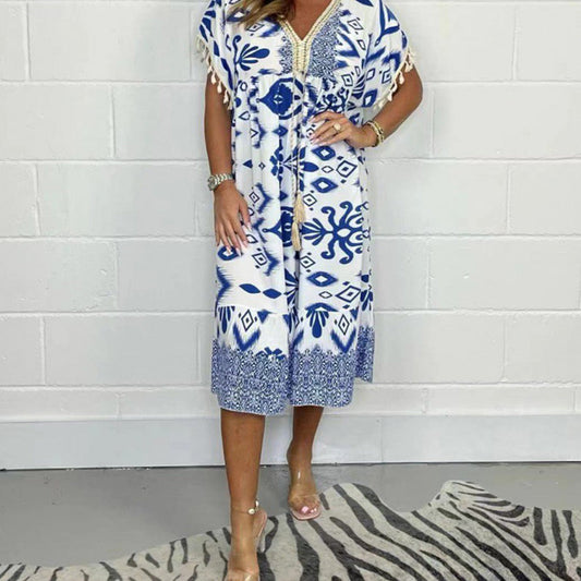 🌈Printed Casual Dress With V-Neckline and Fringes on the Short Sleeves🌈