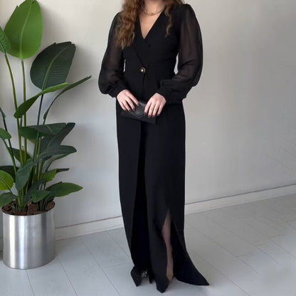 V-neck Long Sleeve Slit Maxi Dress
