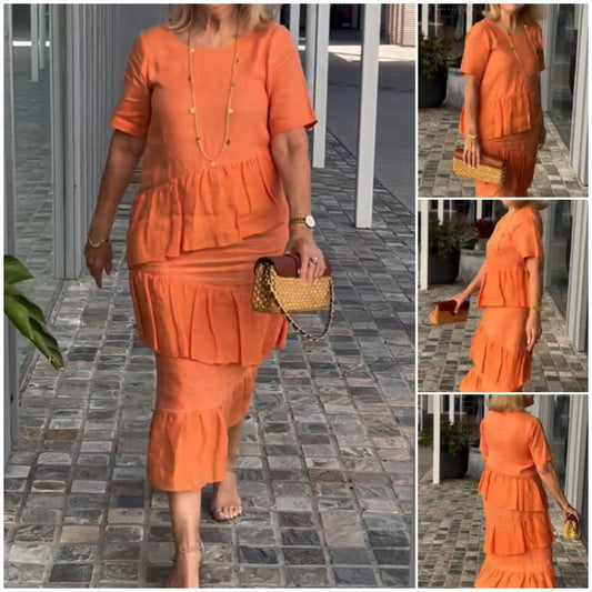 Women's Pleated Tiered Round Neck Solid Dress