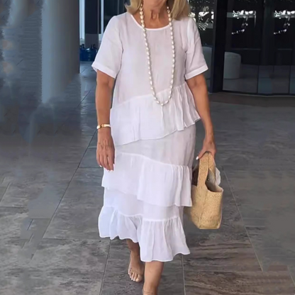 Women's Pleated Tiered Round Neck Solid Dress