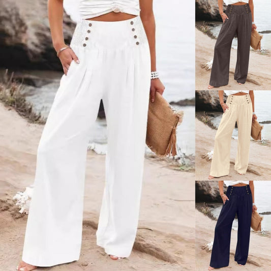 Women's Casual High-Waisted Wide-Leg Pants with Pockets