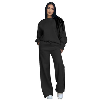 Fashion Solid Color Loose Round Neck Long Sleeve Top & Pants Two-Piece Set