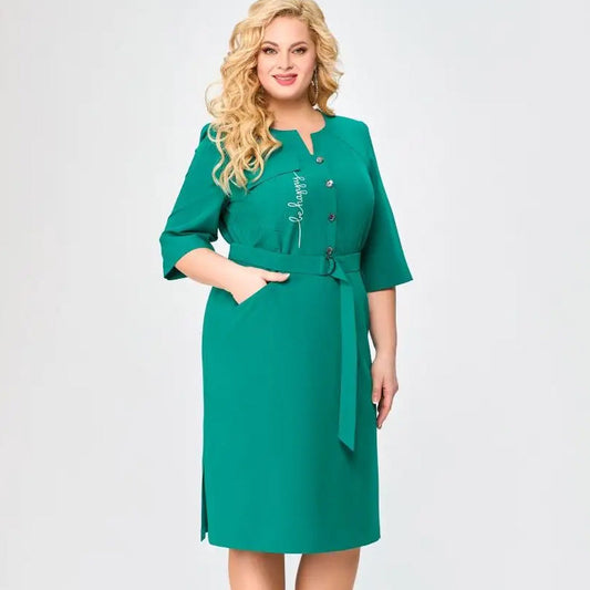 Women's Casual Solid Half-Button Belted Dress