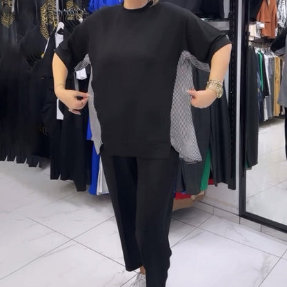 Women's Short Sleeve Patchwork Shirt & Pants Set