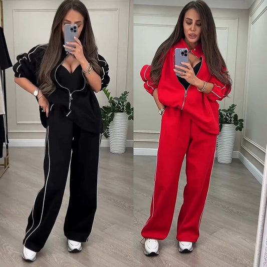Women’s Striped Zipper Coat ＆ Pants Two-Piece Set