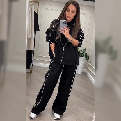 Women’s Striped Zipper Coat ＆ Pants Two-Piece Set