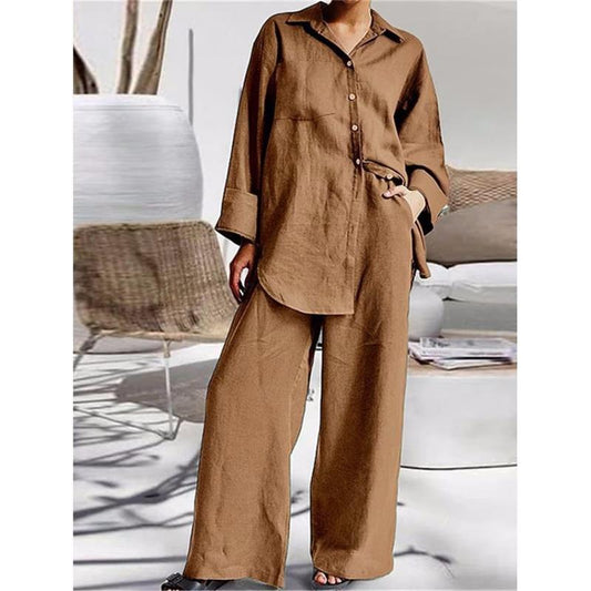 Women's Casual Cotton And Linen Shirt Set
