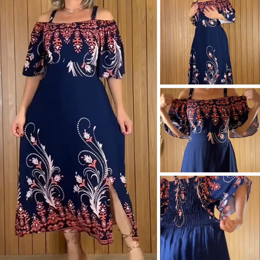 Off-Shoulder Dress: Bold Color-block Print