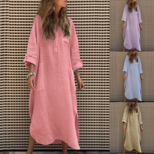 Women’s Casual Solid Color Long Sleeve Dress with Pockets