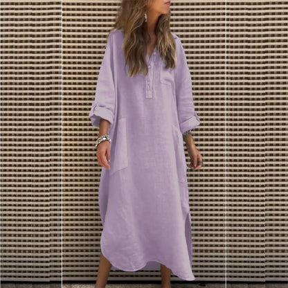Women’s Casual Solid Color Long Sleeve Dress with Pockets