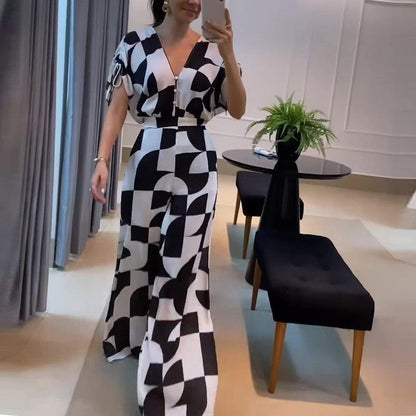 Women's V-Neck Wide Leg Jumpsuit with Geometric Print