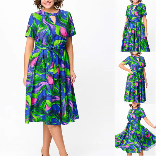 Women's Short Sleeve Waisted Printed Midi Dress