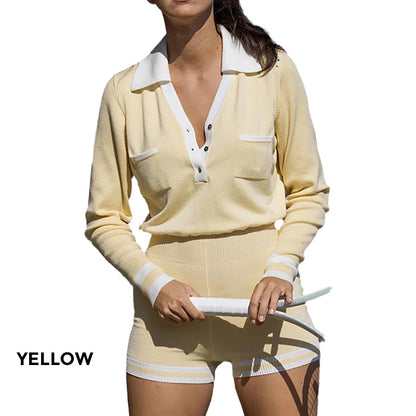 Fashion Long Sleeve Knit V-Neck Short Jumpsuit