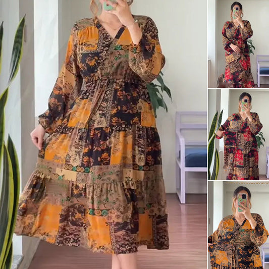 Women's Large Size V-Neck Floral Printed Dress