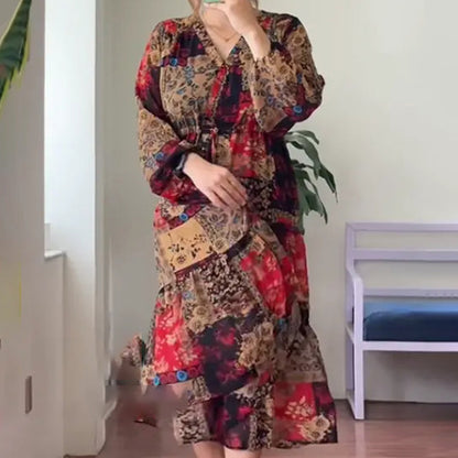 Women's Large Size V-Neck Floral Printed Dress