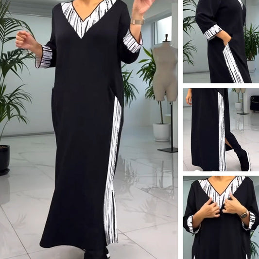 Women's V-Neck Contrast Color Ankle Length Dress