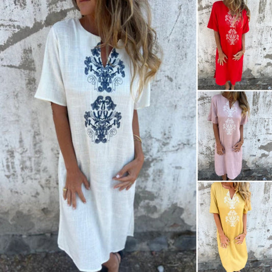 Women's Printed Casual V-Neck Short Sleeve Dresses