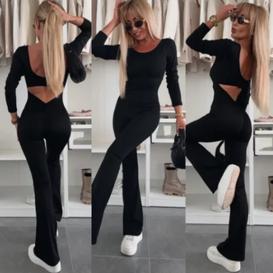 Women's Solid Color Skinny Long Sleeve Backless Jumpsuit