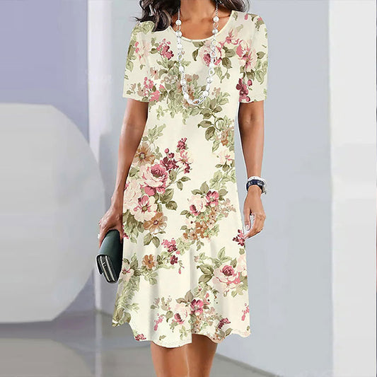 Women's Casual Round Neck Floral Print Short Sleeve Dresses