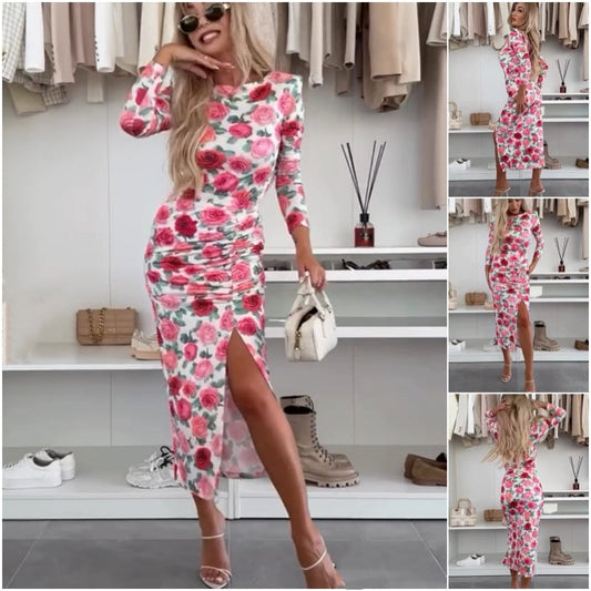 Floral Long-Sleeve Tops ＆ Slit Skirt Two-Piece Set