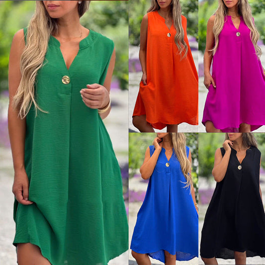 ✈️Free Shipping 👗Solid Color Sleeveless V-Neck Dress with Button Decoration
