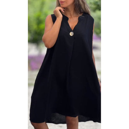 ✈️Free Shipping 👗Solid Color Sleeveless V-Neck Dress with Button Decoration