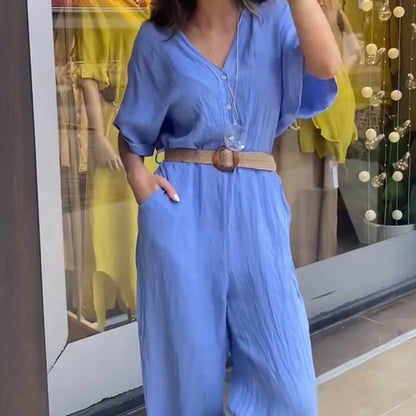 Women's Short Sleeve V-Neck Button Jumpsuit