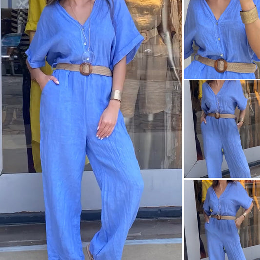 Women's Short Sleeve V-Neck Button Jumpsuit