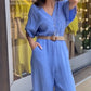 Women's Short Sleeve V-Neck Button Jumpsuit