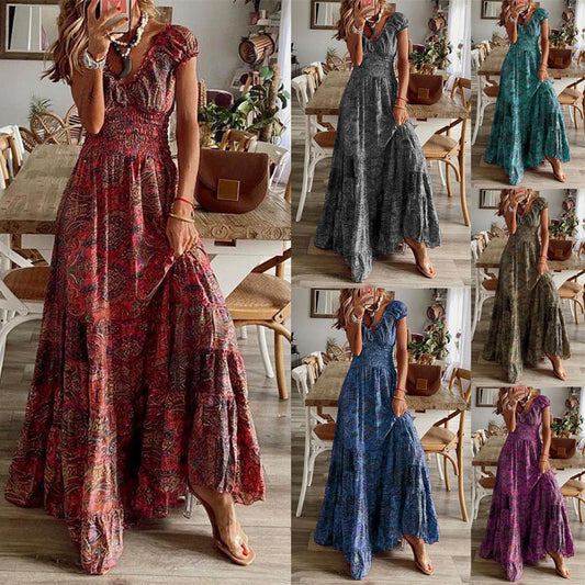 Bohemian V-Neck Smocked Waist Flowy Dress