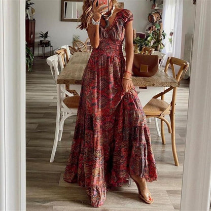 Bohemian V-Neck Smocked Waist Flowy Dress