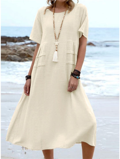 🔥Hot Sale 50% OFF💃Women's Round Neck Cotton Linen Midi Dress