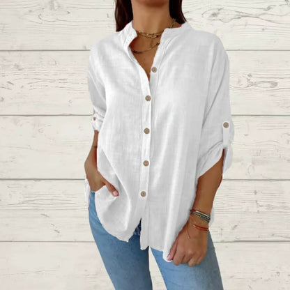 Women's V-Neck Cotton Linen Long-Sleeve Shirt