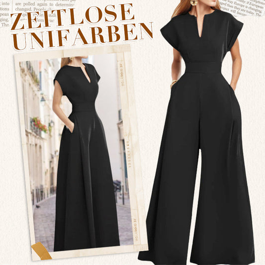 👗 50% OFF NOW! ✨ Women's V-Neck Short Sleeve Wide-Leg Jumpsuit – Flowy & Elegant – Pockets & Solid Color 🌿