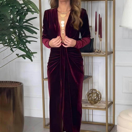 Classic Elegant Pleated Deep V Slit Dress
