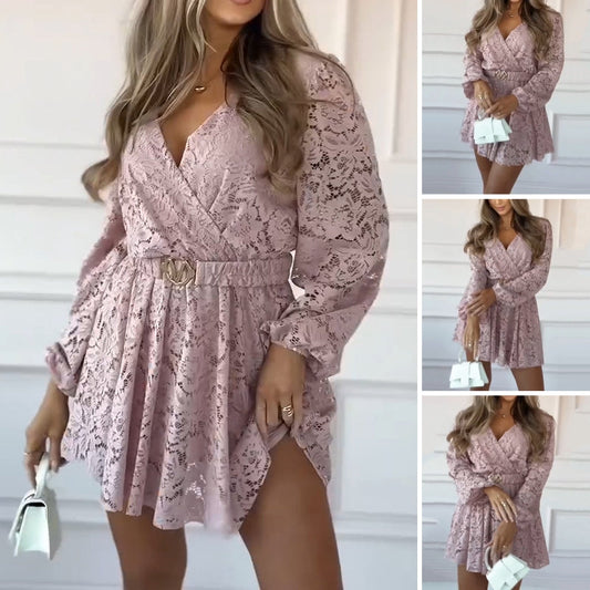 Women’s Elegant Lace Long-Sleeve Mini Dress