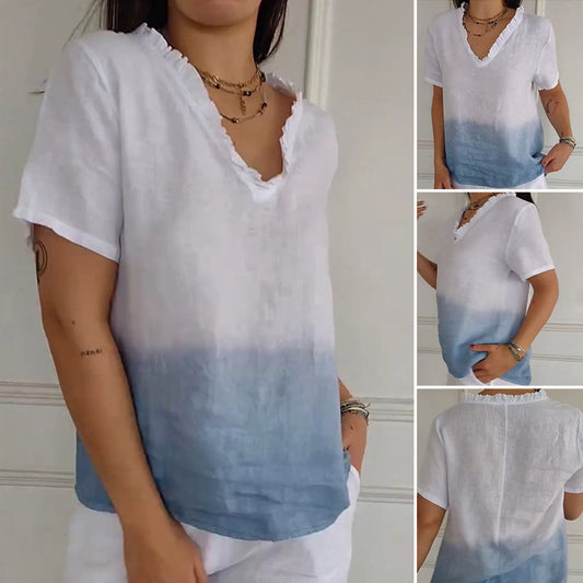 Women's Casual Gradient Print Ruffled V-Neck Shirt