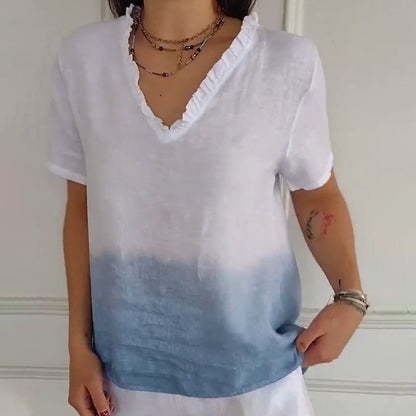 Women's Casual Gradient Print Ruffled V-Neck Shirt