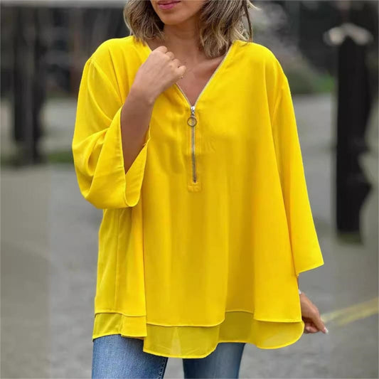 🔥Mother's Day Hot Sale 50%🔥Double-Layer V-neck Zipper 3/4 Sleeves Soft Tops