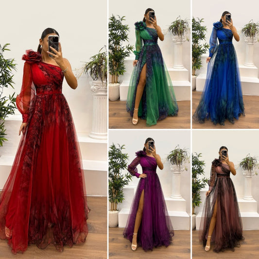 Women's Fashion Slant Shoulder Mesh Printed Dresses
