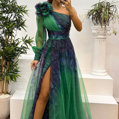 Women's Fashion Slant Shoulder Mesh Printed Dresses