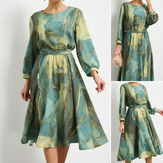 Women's Long Sleeve Fashion Printed Waist Dresses