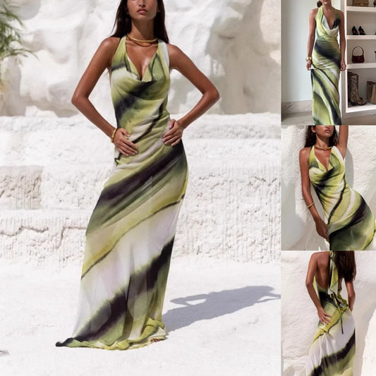 Women's Sexy Printed Backless Halter Maxi Dress