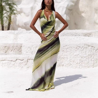 Women's Sexy Printed Backless Halter Maxi Dress