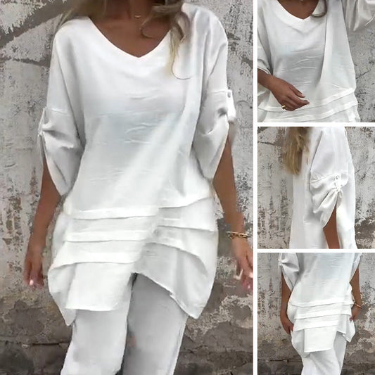 Women's V-Neck Irregular Hem Top & Pants Set