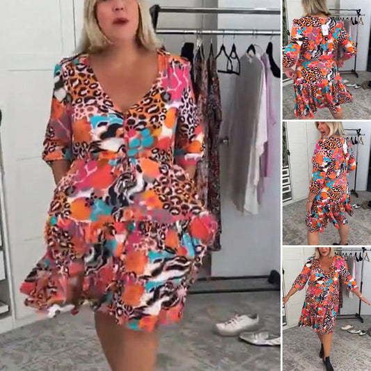 Women’s Elegant Floral Leopard Print V-Neck Dress
