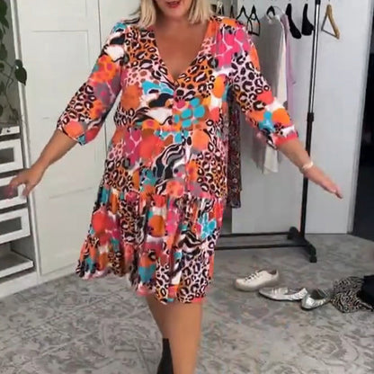 Women’s Elegant Floral Leopard Print V-Neck Dress
